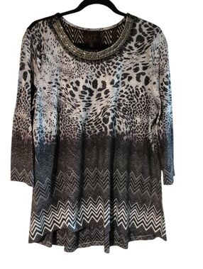 French Blue Petite Black White Pattern Tunic Beaded Neck High-Low Hem PL